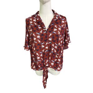 Monteau Dog Print Tie Front Blouse Rust Red Size L NWT